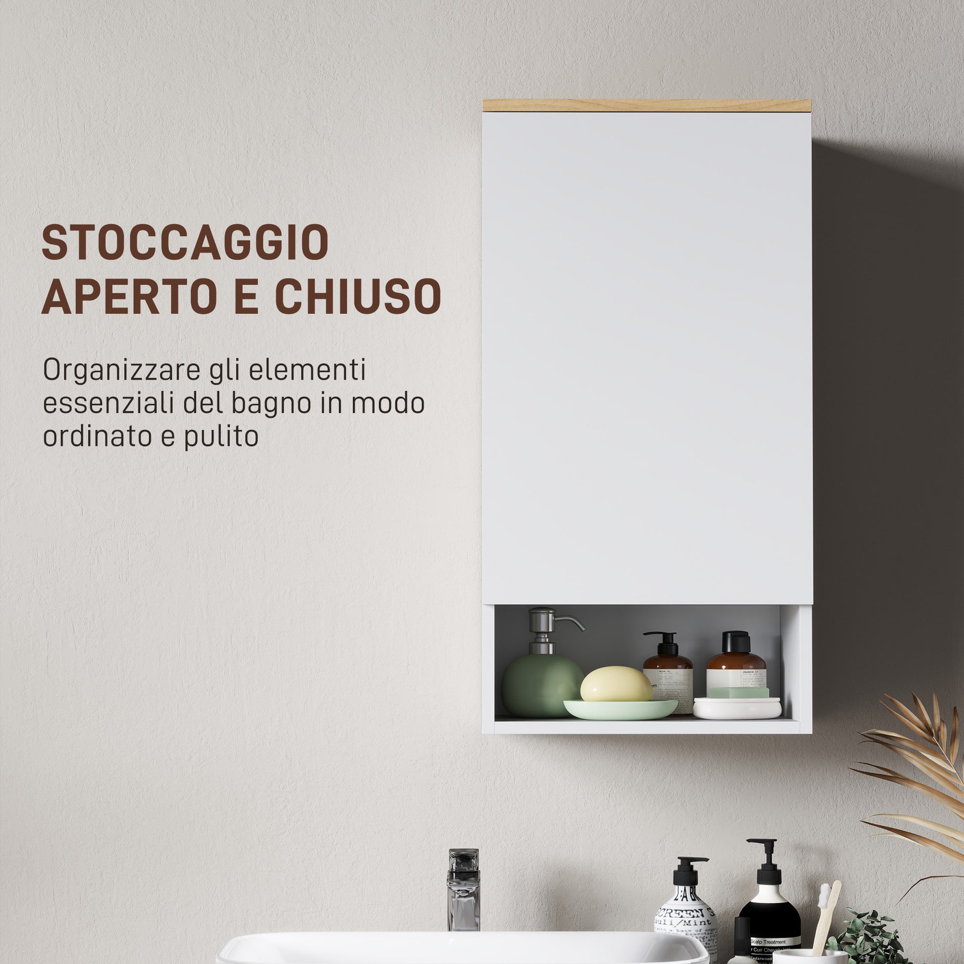Wall Mounted Bathroom Cabinet with Adjustable Shelves and Door, Bathroom Storage Cabinet with Open Shelf in Wood and MDF, 40x27x77 cm, White