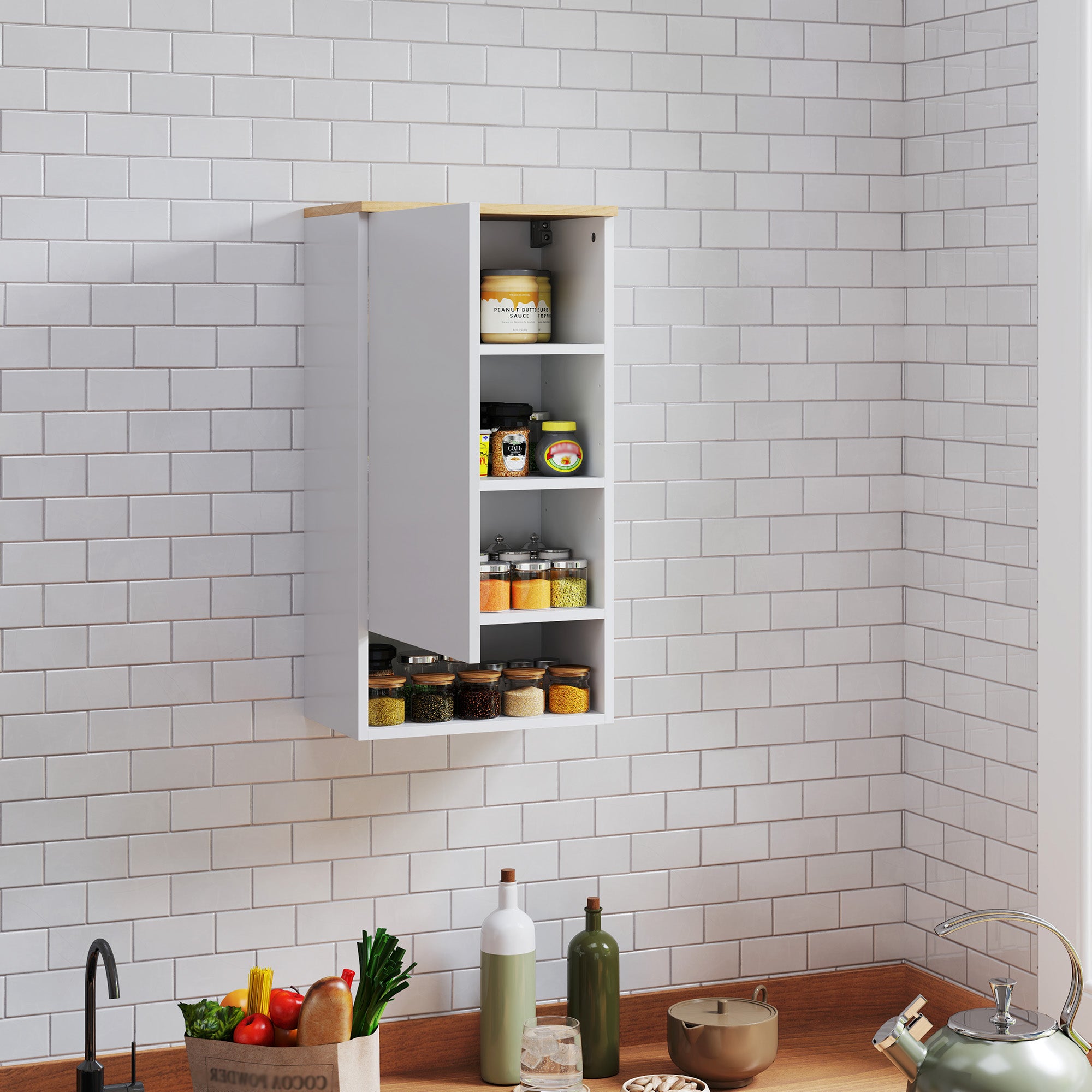 Wall Mounted Bathroom Cabinet with Adjustable Shelves and Door, Bathroom Storage Cabinet with Open Shelf in Wood and MDF, 40x27x77 cm, White