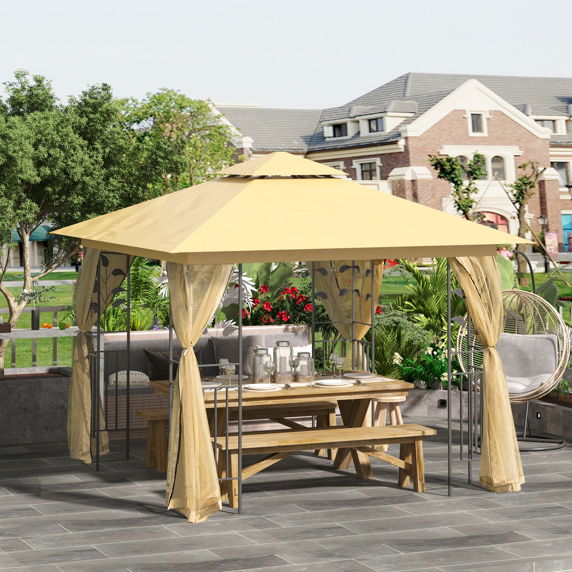 Luxury Gazebo 3x3 m Garden Gazebo with Double Roof Party Tent with Side Walls Festival Tent Garden Tent Pagoda Beige