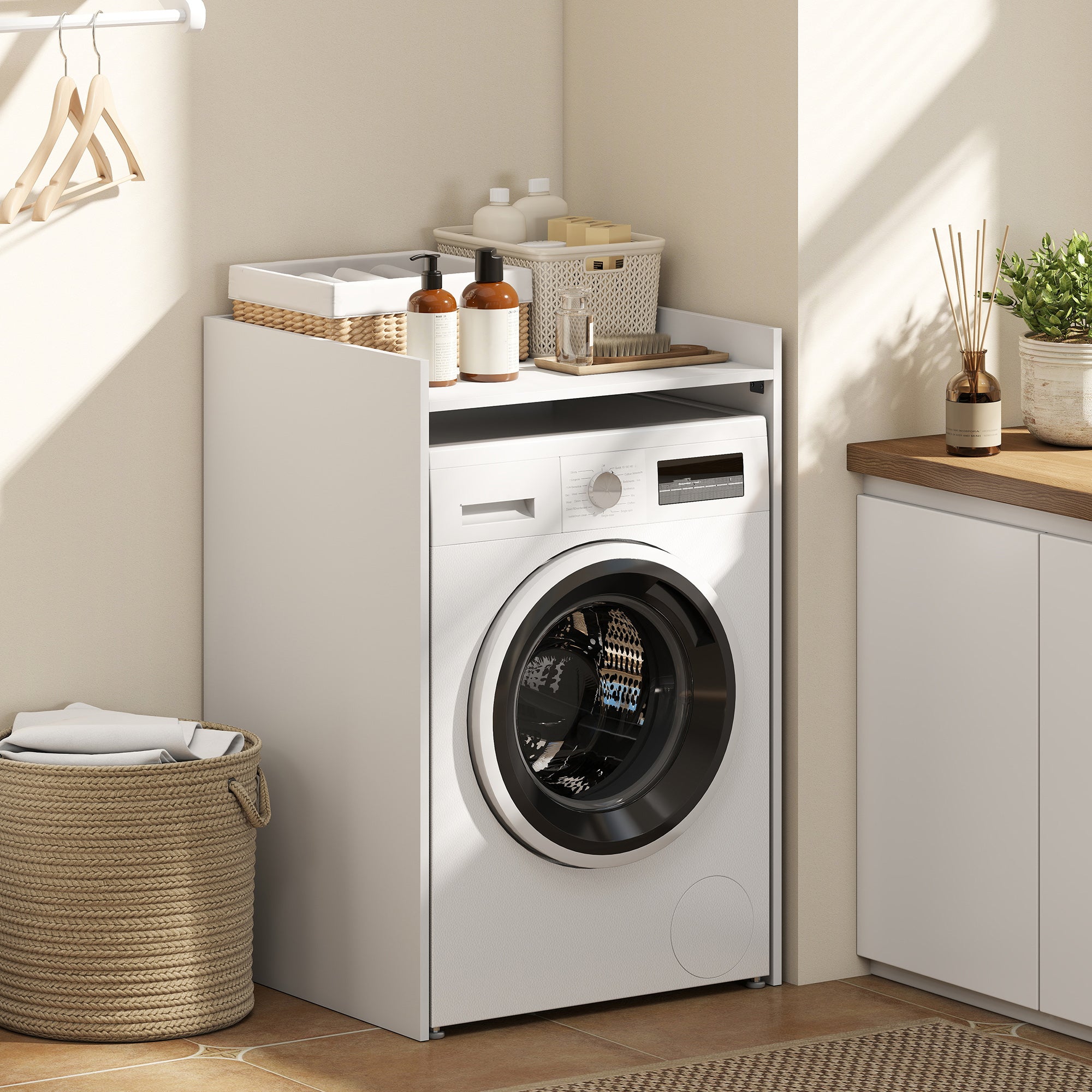 Bathroom Washing Machine Cabinet with Open Shelf — Space-Saving Laundry Niche for Small Bathrooms, 64 x 60 x 97.5 cm (25.2 x 23.6 x 38.4 in), White