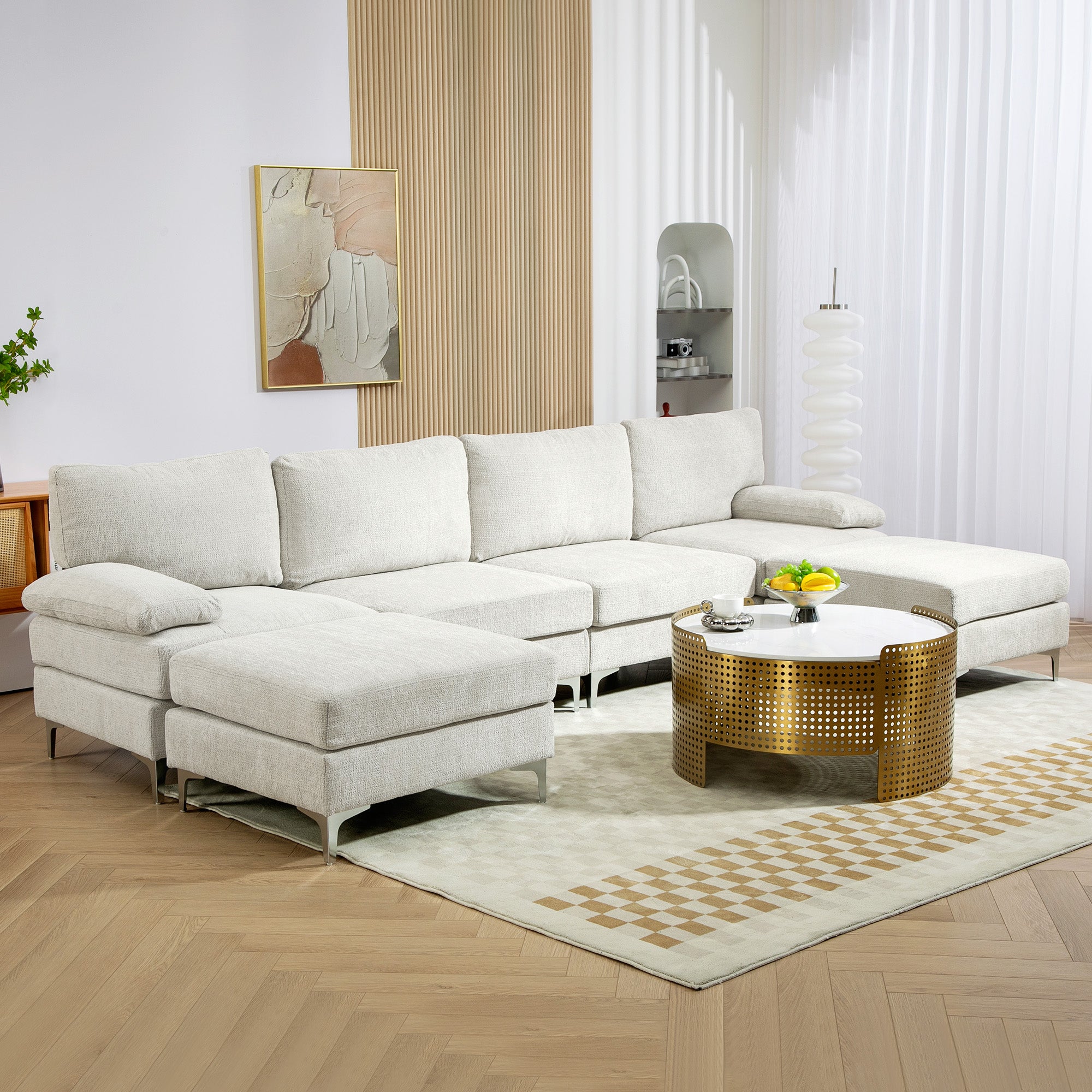 4-Seater Modular Sofa with 2 Footstools and Arm & Back Cushions, Chaise Sofa in Chenille Fabric, 313x149x88 cm, Cream White