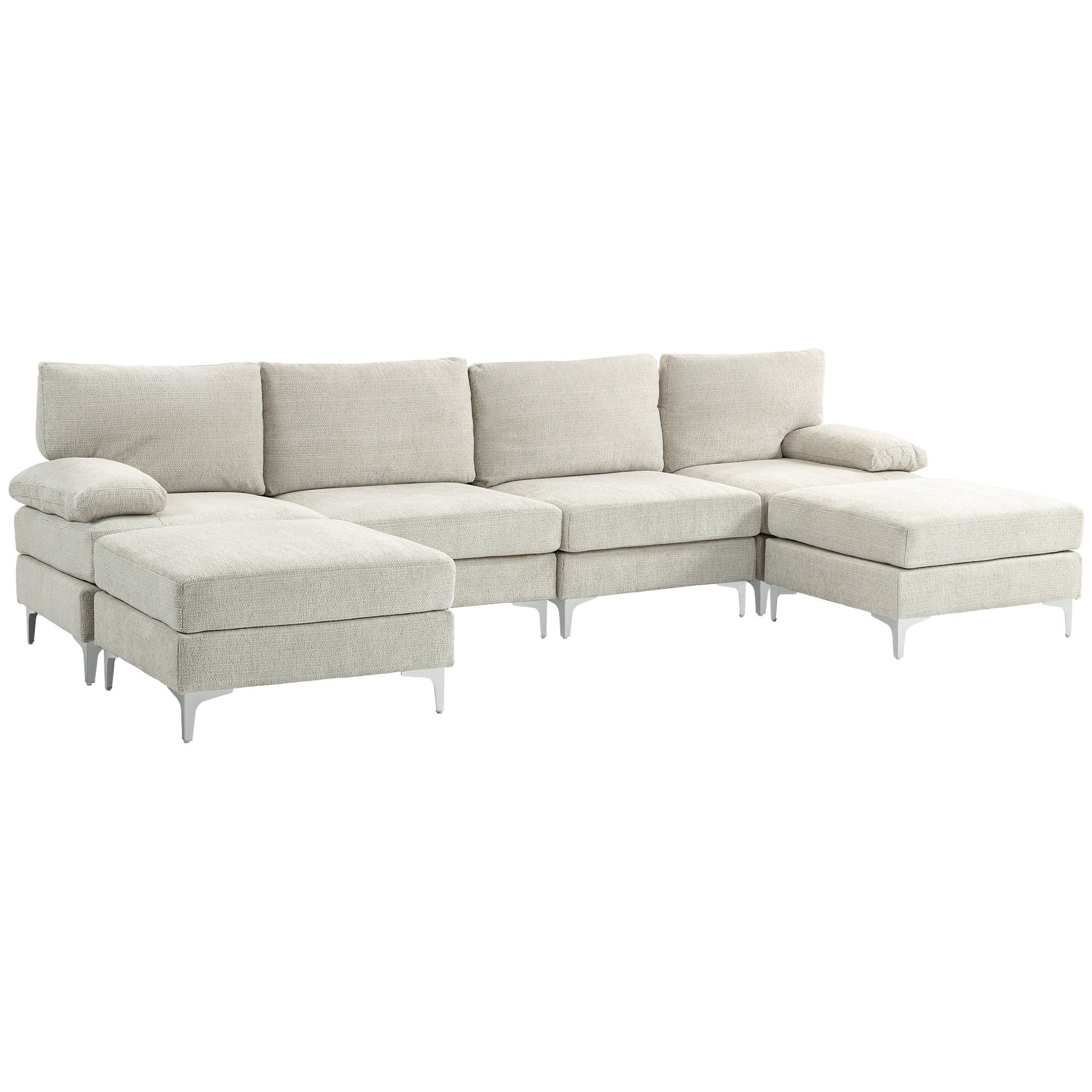 4-Seater Modular Sofa with 2 Footstools and Arm & Back Cushions, Chaise Sofa in Chenille Fabric, 313x149x88 cm, Cream White