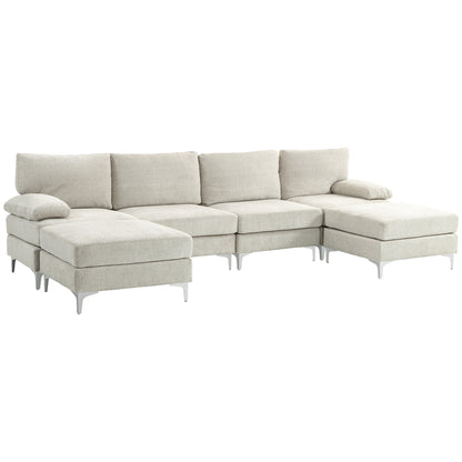 4-Seater Modular Sofa with 2 Footstools and Arm & Back Cushions, Chaise Sofa in Chenille Fabric, 313x149x88 cm, Cream White