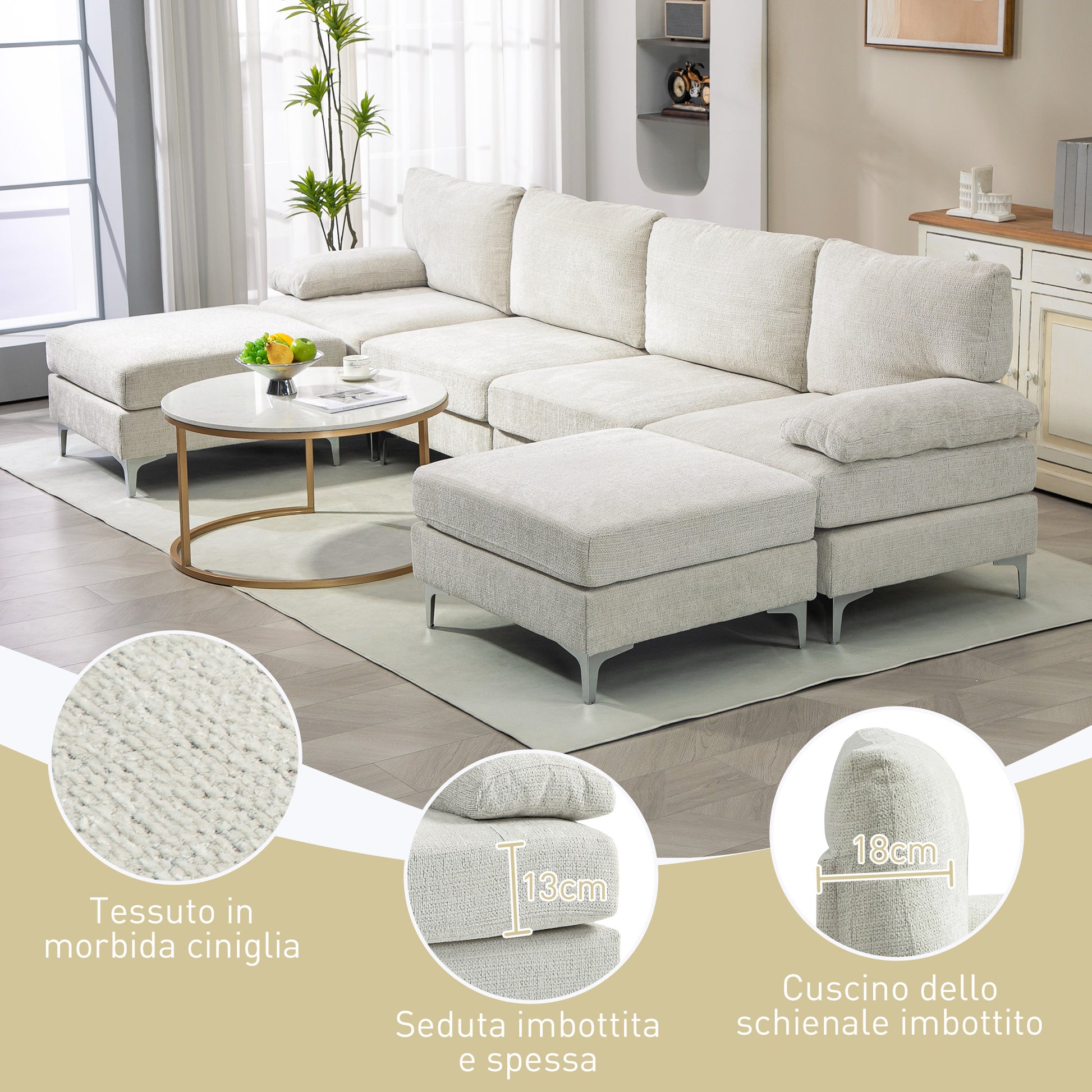 4-Seater Modular Sofa with 2 Footstools and Arm & Back Cushions, Chaise Sofa in Chenille Fabric, 313x149x88 cm, Cream White