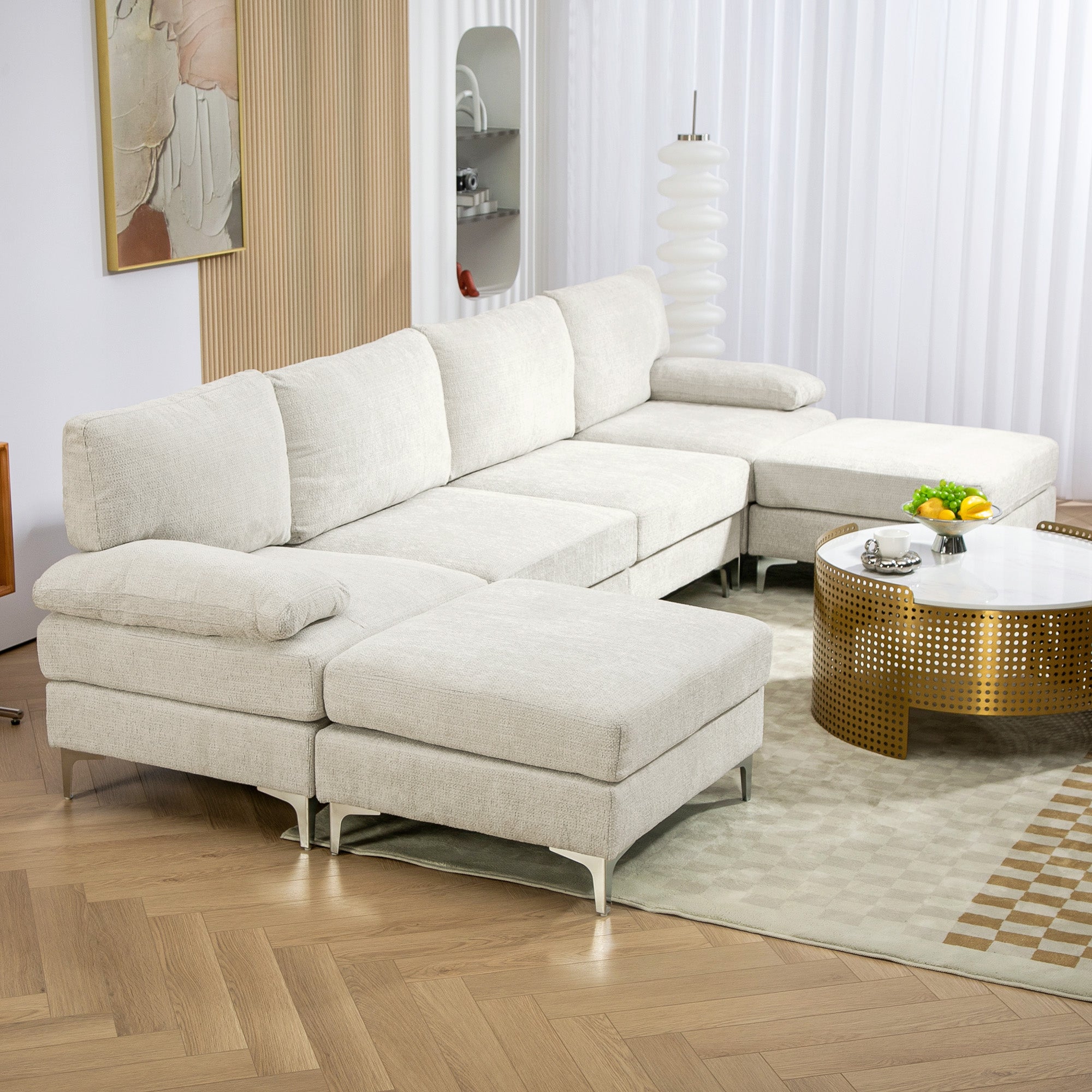 4-Seater Modular Sofa with 2 Footstools and Arm & Back Cushions, Chaise Sofa in Chenille Fabric, 313x149x88 cm, Cream White