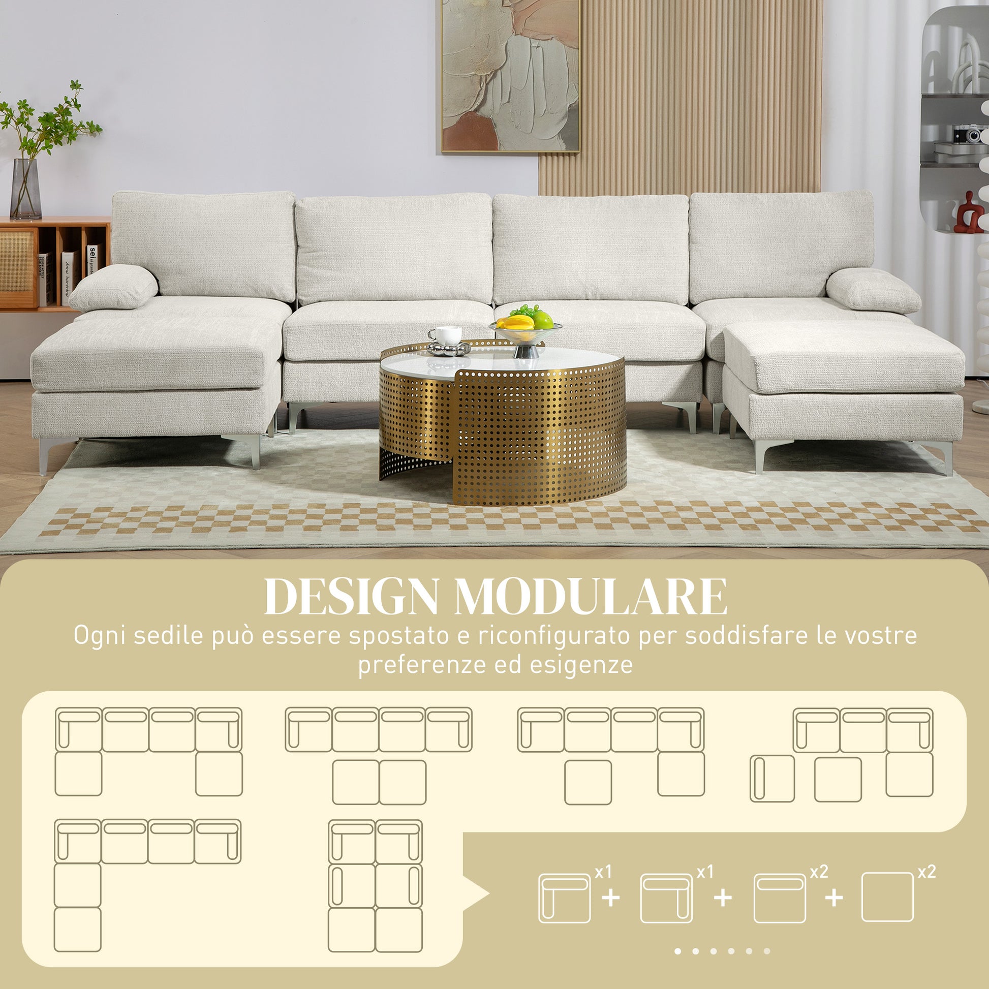 4-Seater Modular Sofa with 2 Footstools and Arm & Back Cushions, Chaise Sofa in Chenille Fabric, 313x149x88 cm, Cream White