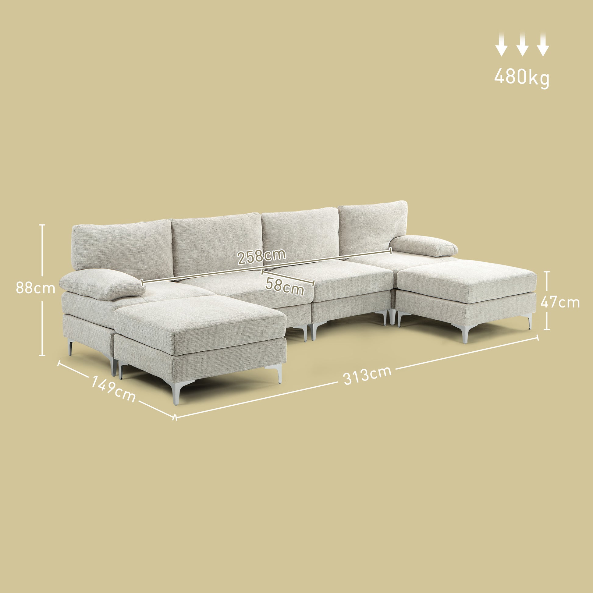 4-Seater Modular Sofa with 2 Footstools and Arm & Back Cushions, Chaise Sofa in Chenille Fabric, 313x149x88 cm, Cream White
