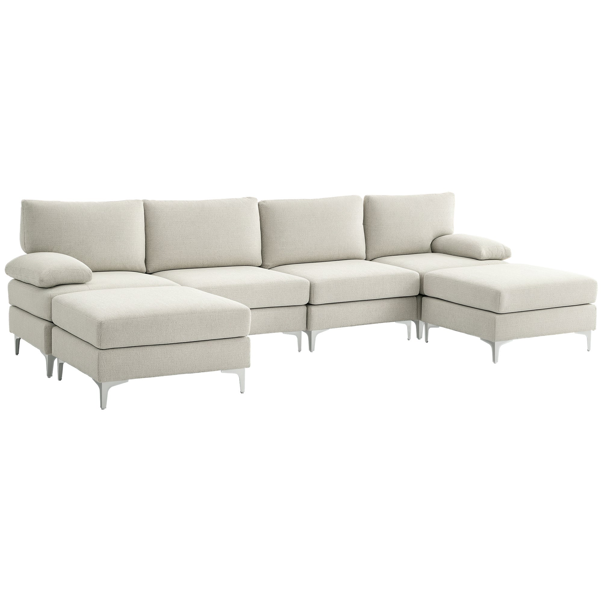 4-Seater Modular Sofa with 2 Footstools and Arm & Back Cushions, Chaise Sofa in Chenille Fabric, 313x149x88 cm, Cream White