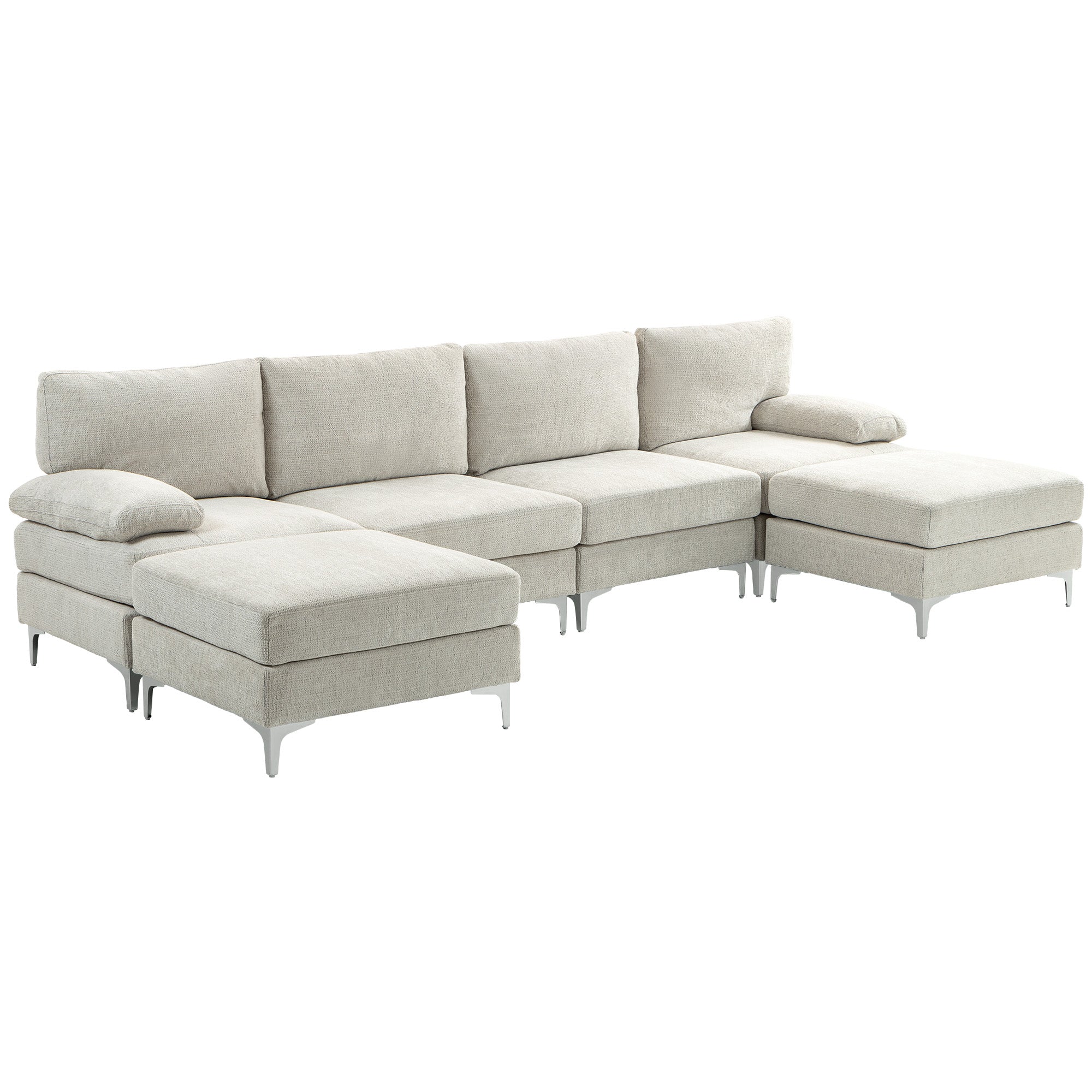 4-Seater Modular Sofa with 2 Footstools and Arm & Back Cushions, Chaise Sofa in Chenille Fabric, 313x149x88 cm, Cream White