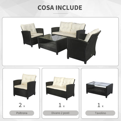 4-Piece Rattan PE Garden Furniture Set with Coffee Table, Black and Beige Upholstered Sofa and Armchairs 124x68x76cm