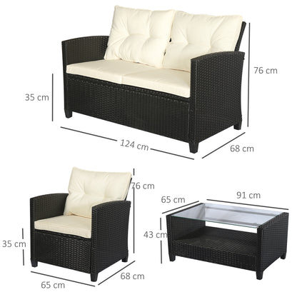 4-Piece Rattan PE Garden Furniture Set with Coffee Table, Black and Beige Upholstered Sofa and Armchairs 124x68x76cm