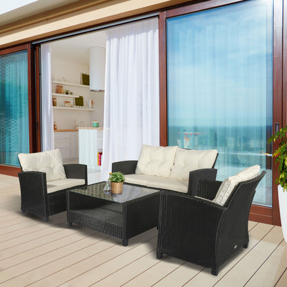 4-Piece Rattan PE Garden Furniture Set with Coffee Table, Black and Beige Upholstered Sofa and Armchairs 124x68x76cm