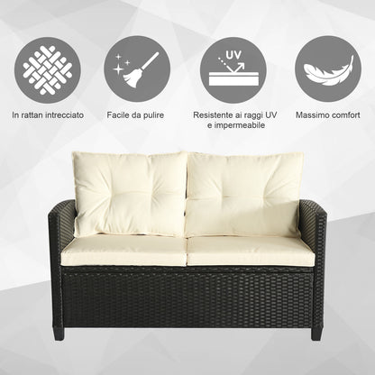 4-Piece Rattan PE Garden Furniture Set with Coffee Table, Black and Beige Upholstered Sofa and Armchairs 124x68x76cm