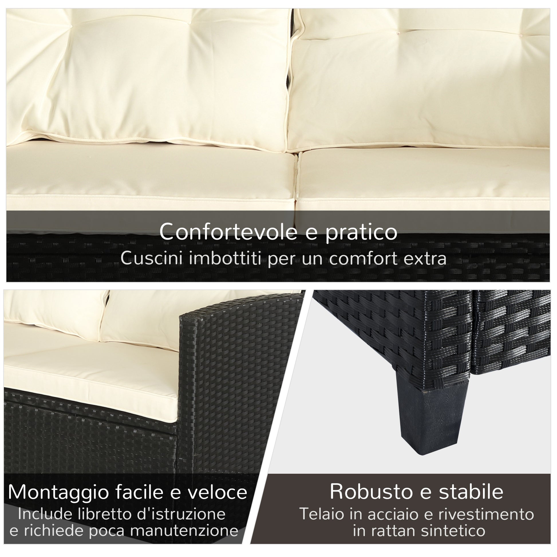 4-Piece Rattan PE Garden Furniture Set with Coffee Table, Black and Beige Upholstered Sofa and Armchairs 124x68x76cm
