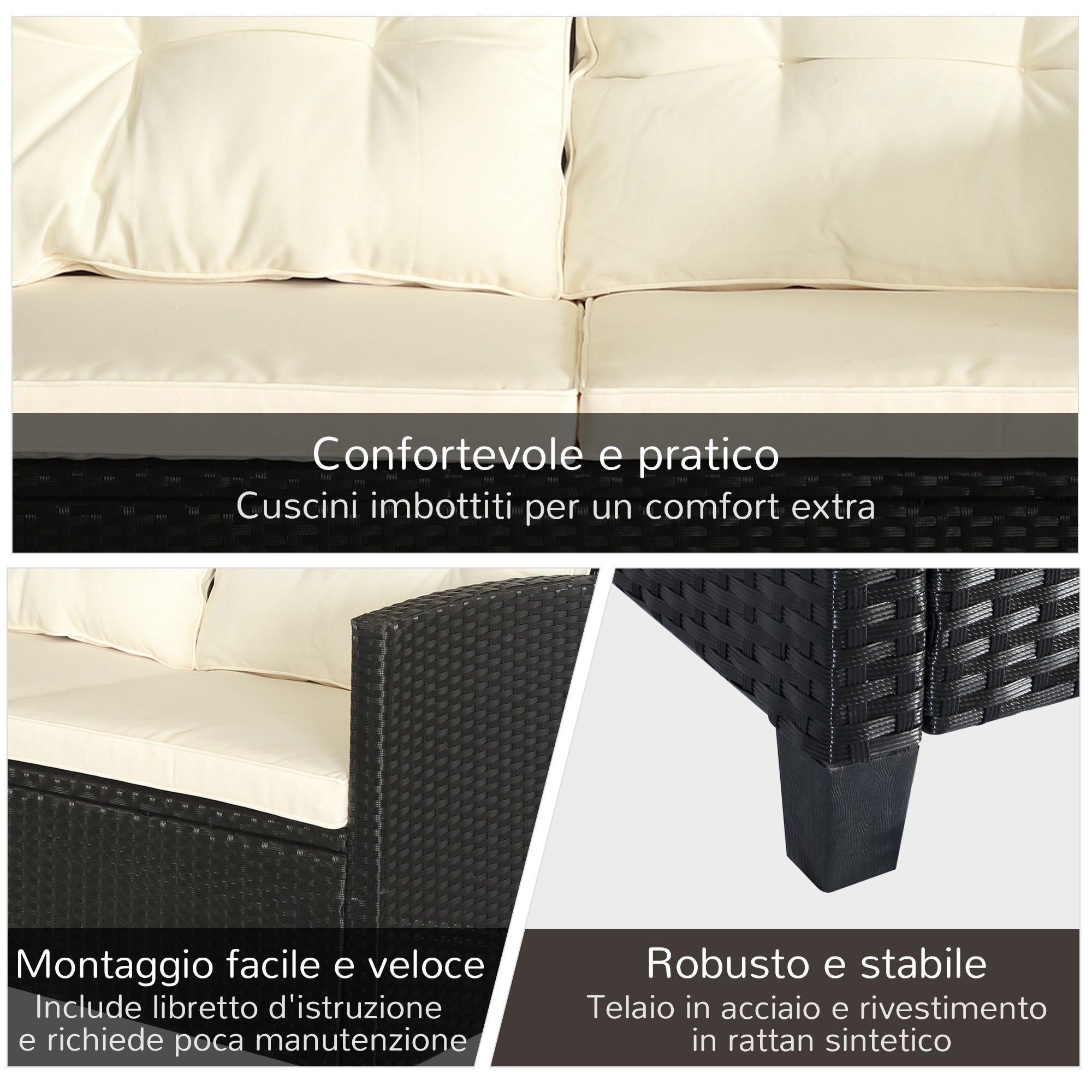 4-Piece Rattan PE Garden Furniture Set with Coffee Table, Black and Beige Upholstered Sofa and Armchairs 124x68x76cm