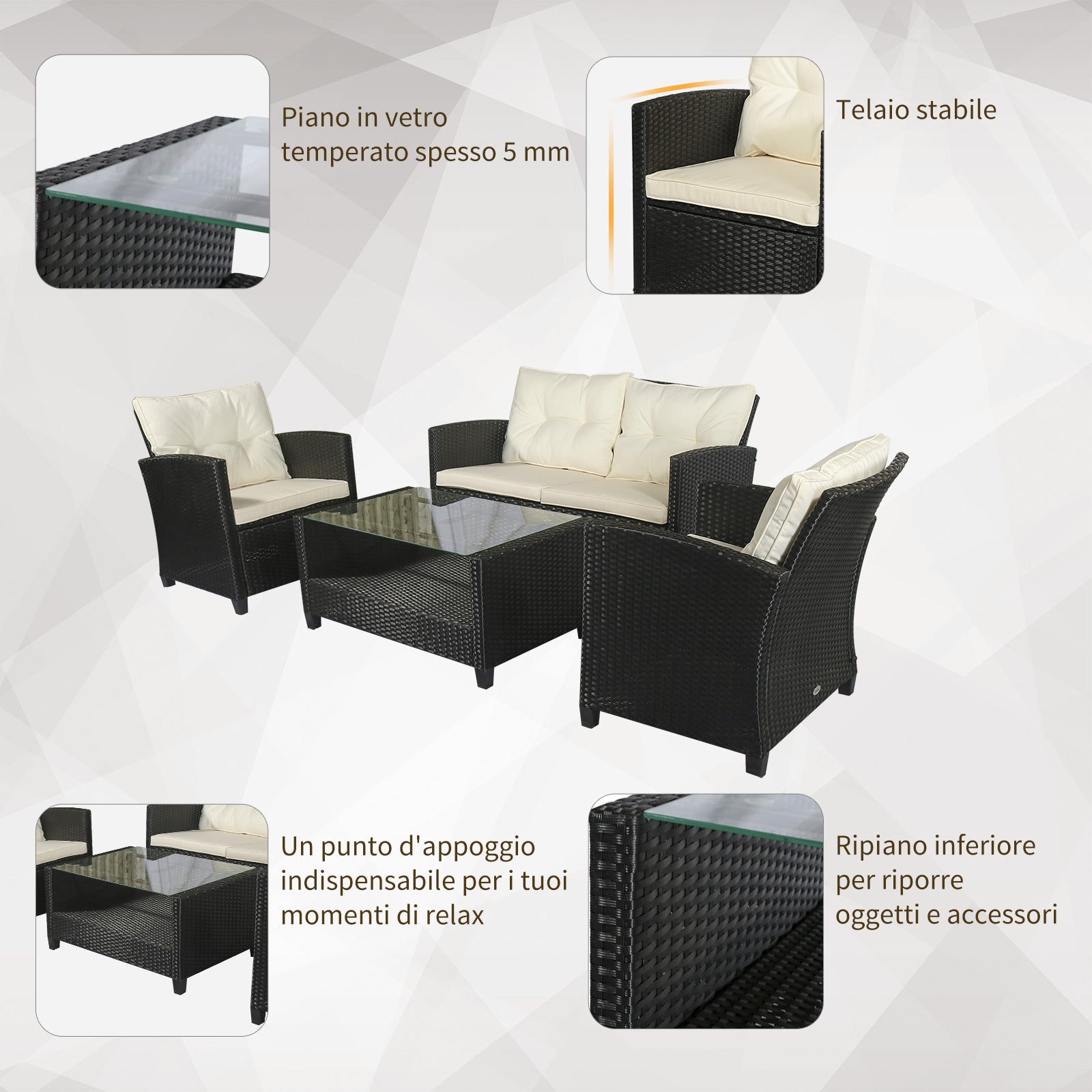 4-Piece Rattan PE Garden Furniture Set with Coffee Table, Black and Beige Upholstered Sofa and Armchairs 124x68x76cm