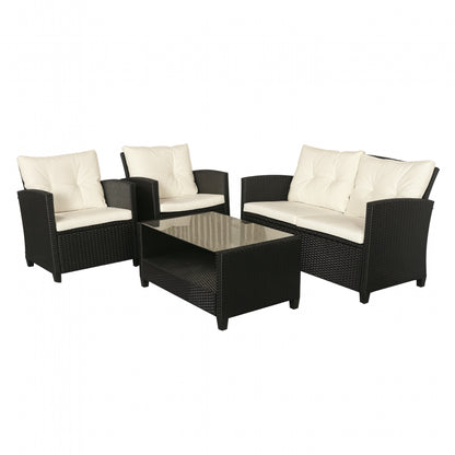 4-Piece Rattan PE Garden Furniture Set with Coffee Table, Black and Beige Upholstered Sofa and Armchairs 124x68x76cm