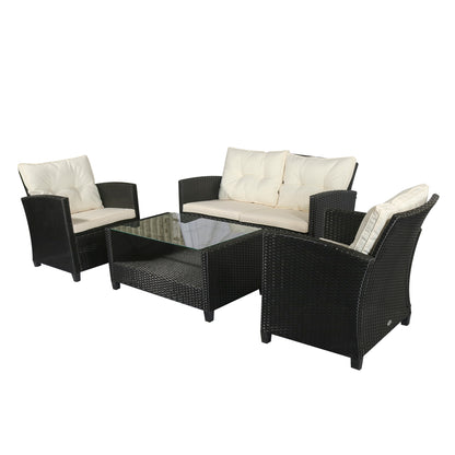 4-Piece Rattan PE Garden Furniture Set with Coffee Table, Black and Beige Upholstered Sofa and Armchairs 124x68x76cm