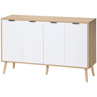 Kitchen Sideboard Kitchen Furniture with 4 Herringbone Pattern Doors Wood Legs and Adjustable Shelves Buffet Cabinet for Dining Room Living Room 120x35x77.4 cm White and Natural
