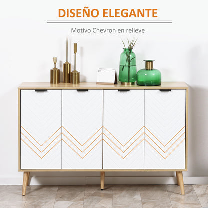 Kitchen Sideboard Kitchen Furniture with 4 Herringbone Pattern Doors Wood Legs and Adjustable Shelves Buffet Cabinet for Dining Room Living Room 120x35x77.4 cm White and Natural