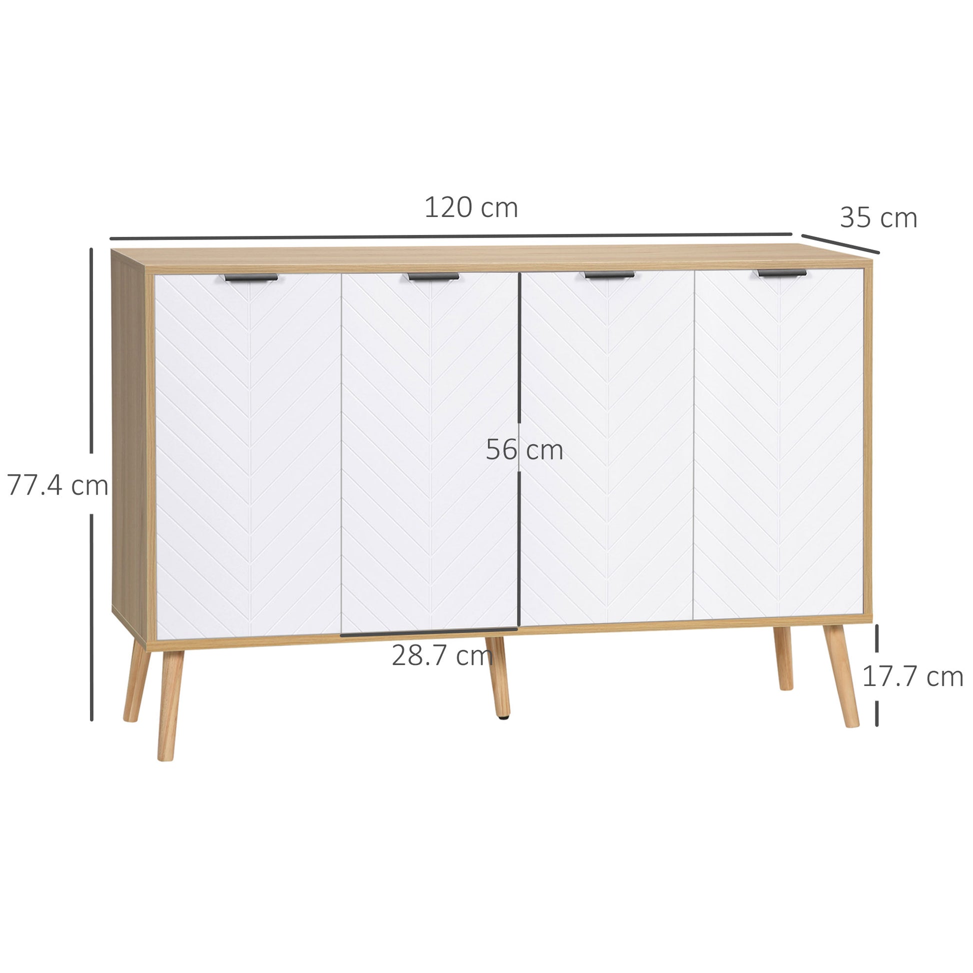 Kitchen Sideboard Kitchen Furniture with 4 Herringbone Pattern Doors Wood Legs and Adjustable Shelves Buffet Cabinet for Dining Room Living Room 120x35x77.4 cm White and Natural