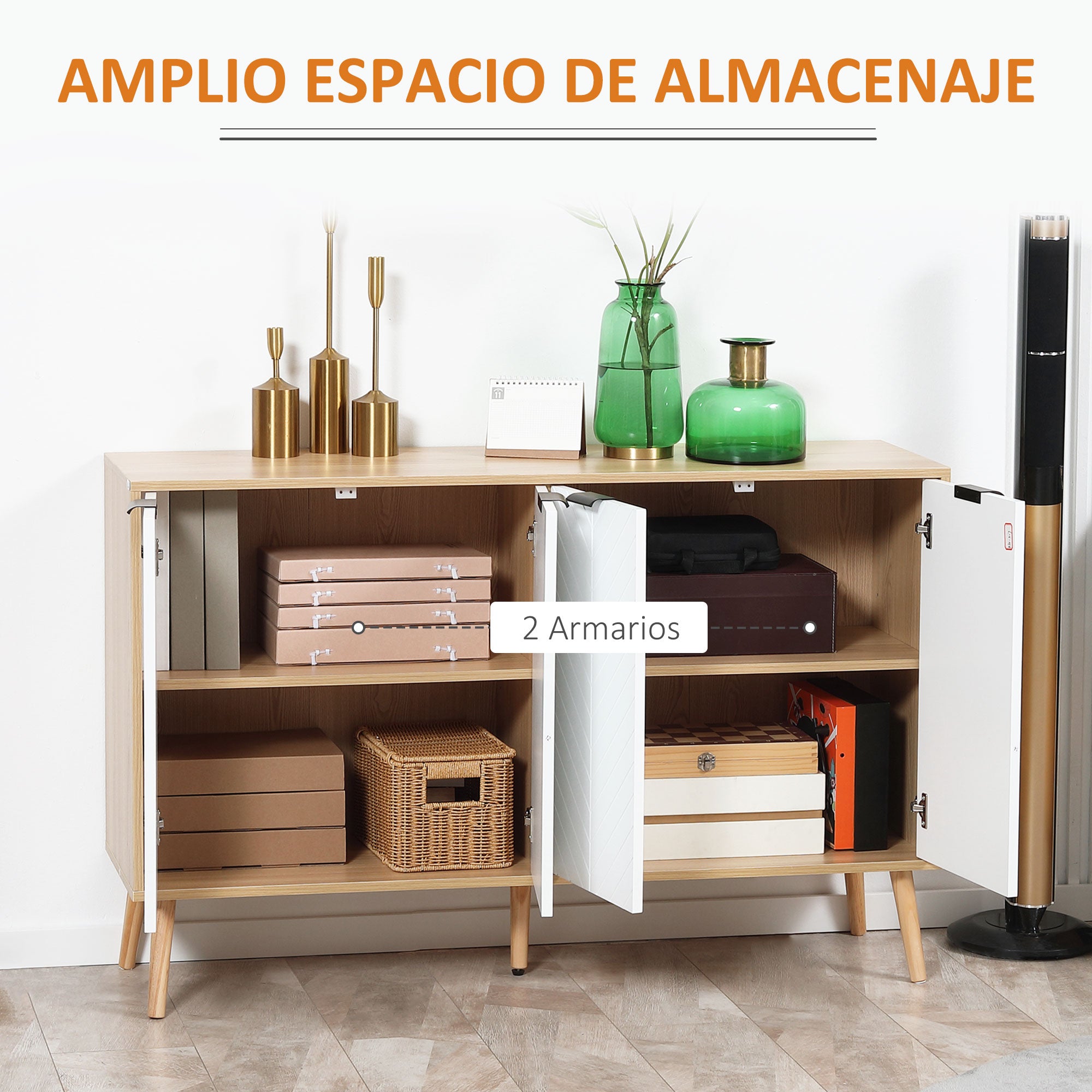 Kitchen Sideboard Kitchen Furniture with 4 Herringbone Pattern Doors Wood Legs and Adjustable Shelves Buffet Cabinet for Dining Room Living Room 120x35x77.4 cm White and Natural