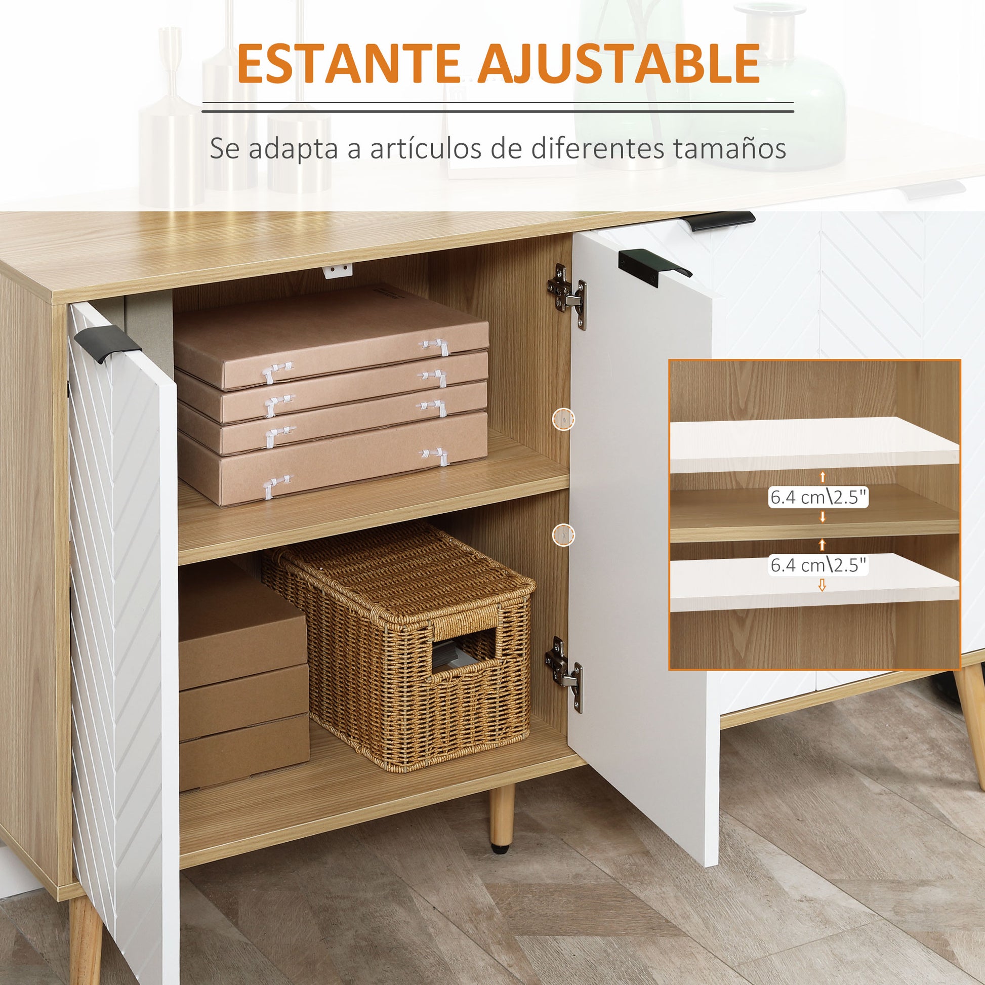 Kitchen Sideboard Kitchen Furniture with 4 Herringbone Pattern Doors Wood Legs and Adjustable Shelves Buffet Cabinet for Dining Room Living Room 120x35x77.4 cm White and Natural