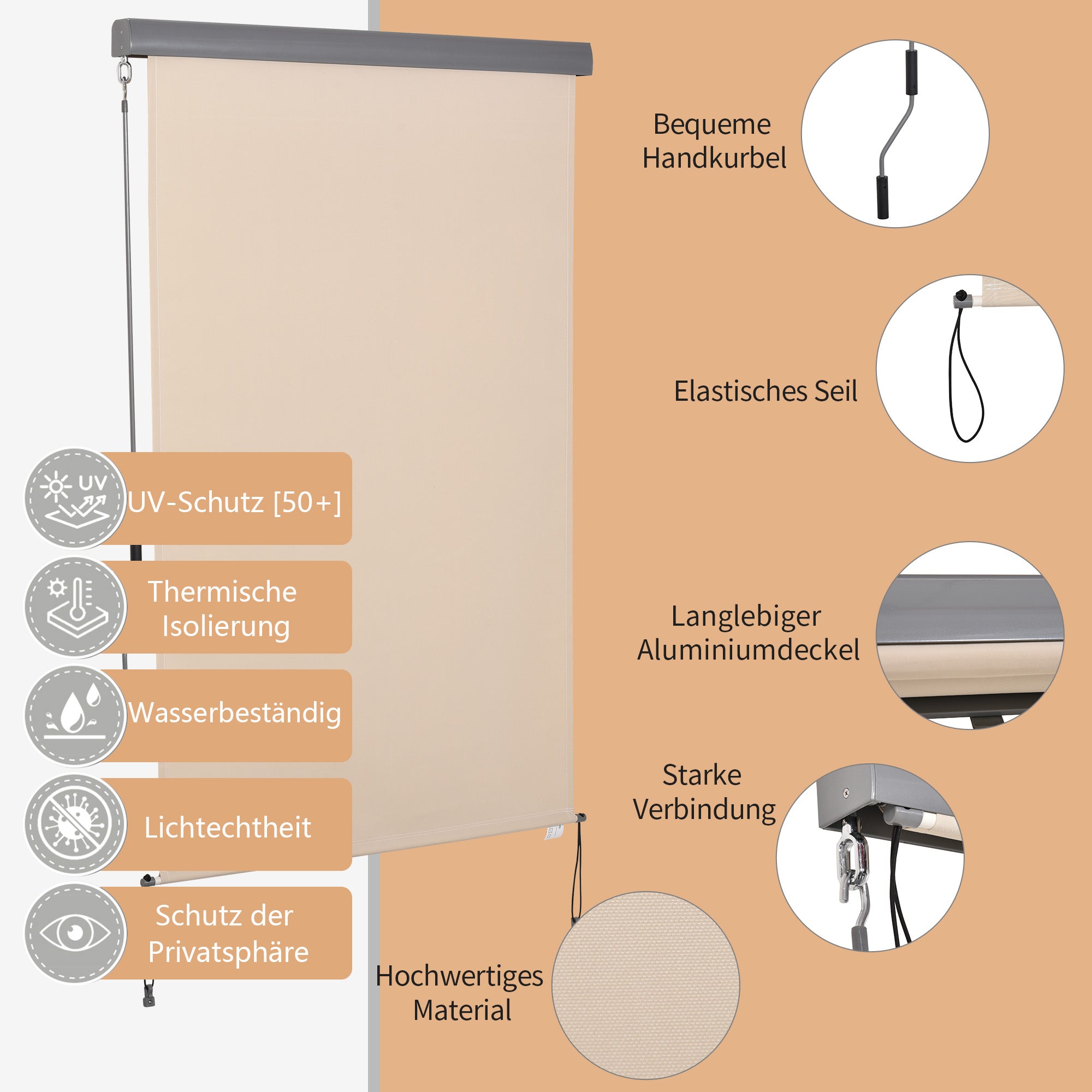 Vertical Awning Balcony Awning Vertical Windshield Side Roller Blind Privacy Screen with Hand Crank Polyester Fabric+Aluminum Cream White 200 x 120 cm