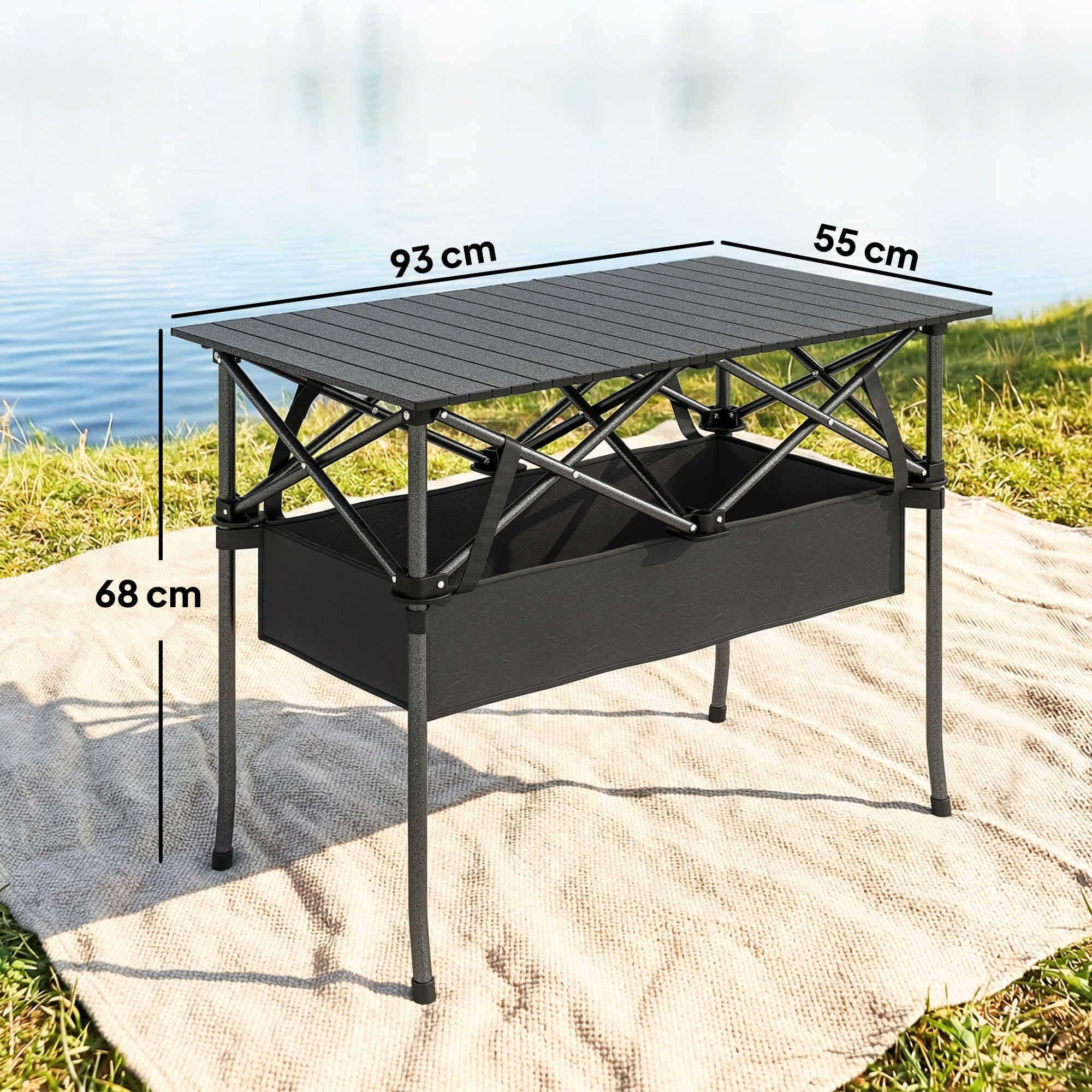 Foldable Camping Table, 36.6 x 21.7 x 26.8 in, Portable Roll-Up Aluminum Top with Storage Net, Metal Frame, Carry Bag, Black