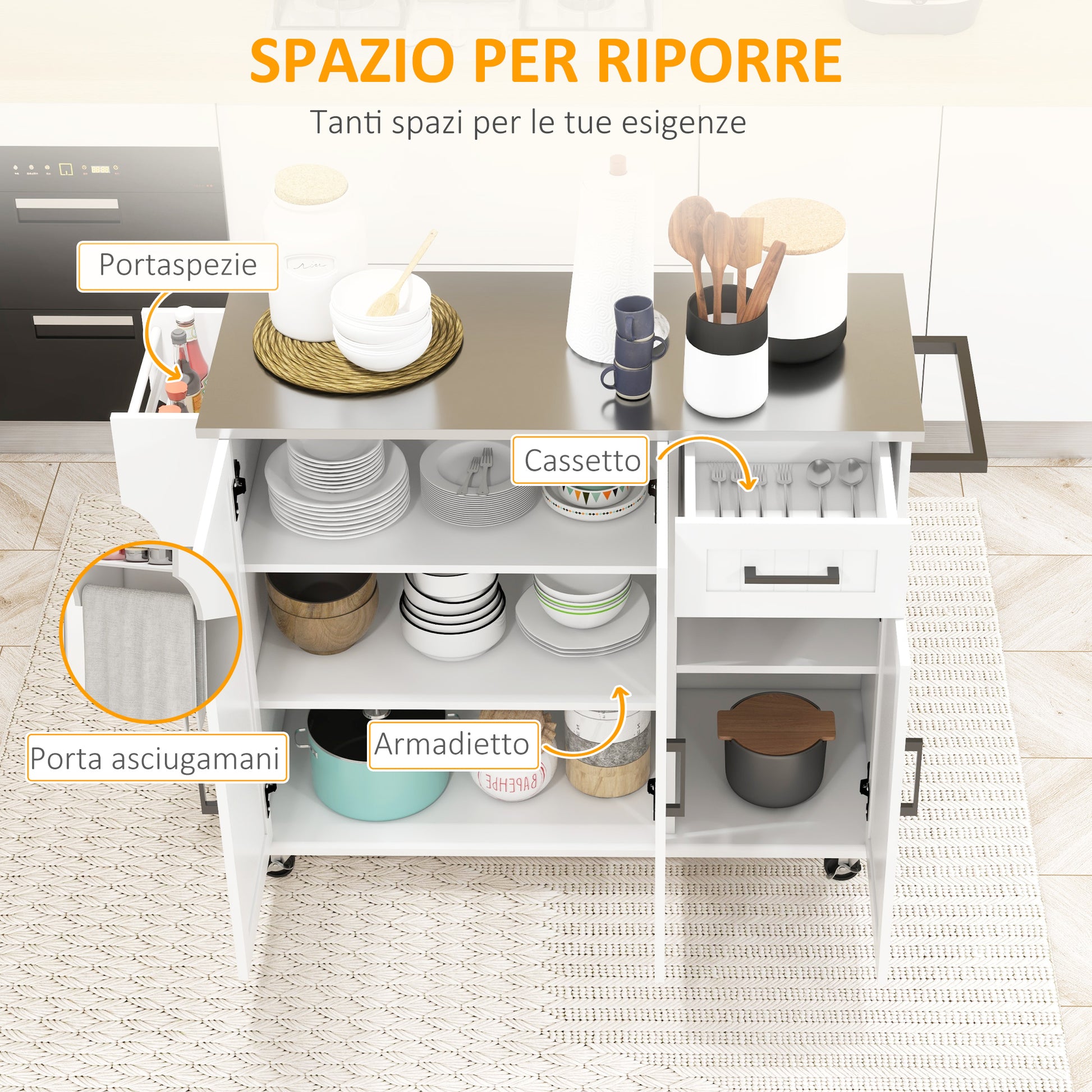 Kitchen Island with Drawer, 2 Door Cabinet, 2 Open Shelves and Towel Holder, MDF and Stainless Steel Storage Cart with 5 Wheels, 128x45.5x91.5 cm