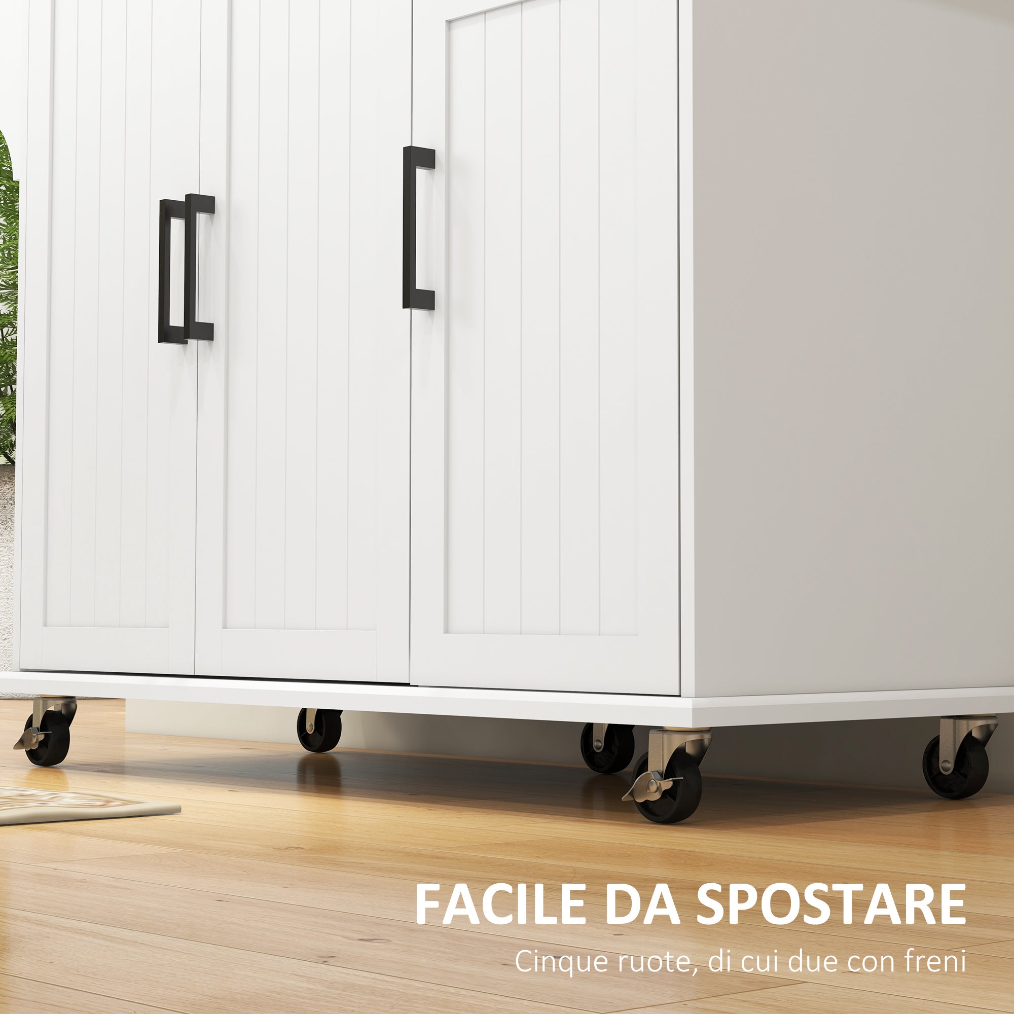 Kitchen Island with Drawer, 2 Door Cabinet, 2 Open Shelves and Towel Holder, MDF and Stainless Steel Storage Cart with 5 Wheels, 128x45.5x91.5 cm