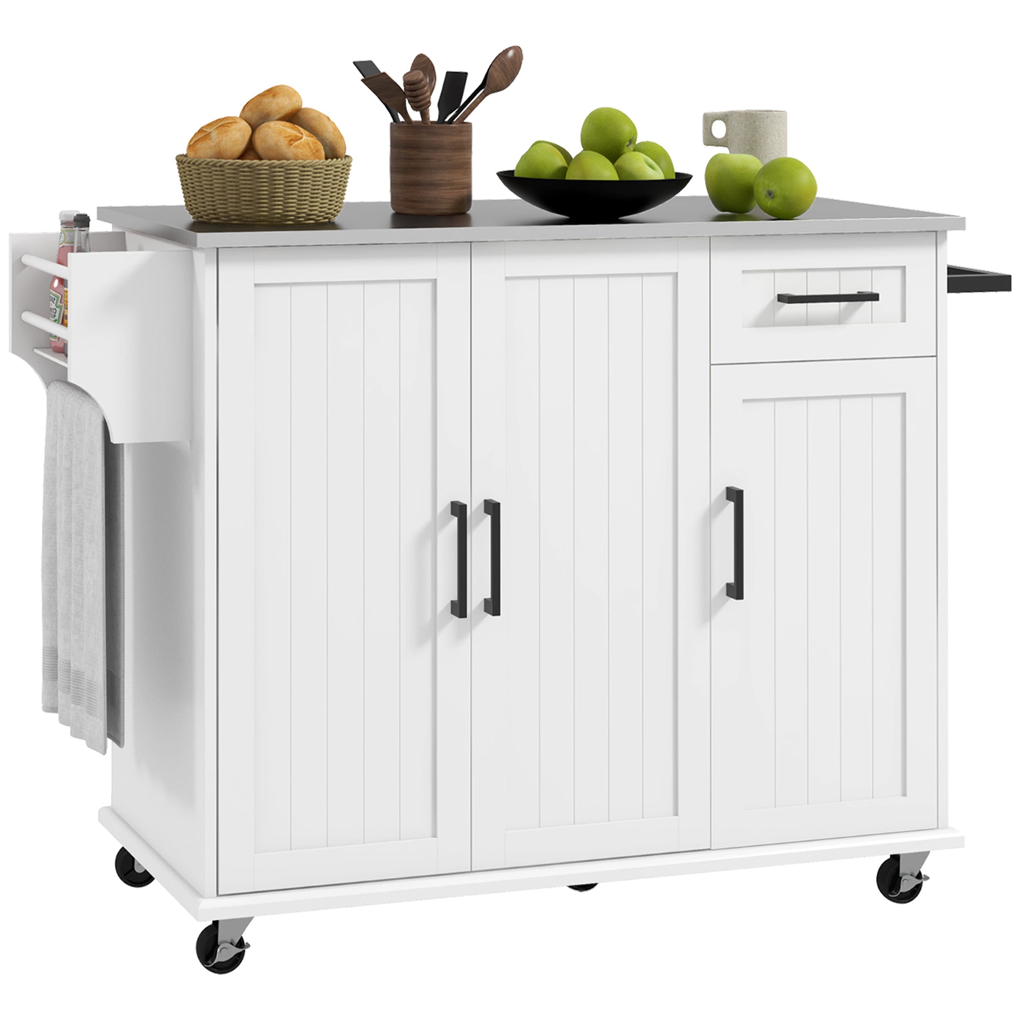 Kitchen Island with Drawer, 2 Door Cabinet, 2 Open Shelves and Towel Holder, MDF and Stainless Steel Storage Cart with 5 Wheels, 128x45.5x91.5 cm