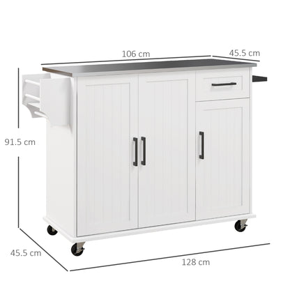 Kitchen Island with Drawer, 2 Door Cabinet, 2 Open Shelves and Towel Holder, MDF and Stainless Steel Storage Cart with 5 Wheels, 128x45.5x91.5 cm