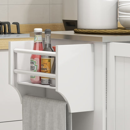 Kitchen Island with Drawer, 2 Door Cabinet, 2 Open Shelves and Towel Holder, MDF and Stainless Steel Storage Cart with 5 Wheels, 128x45.5x91.5 cm