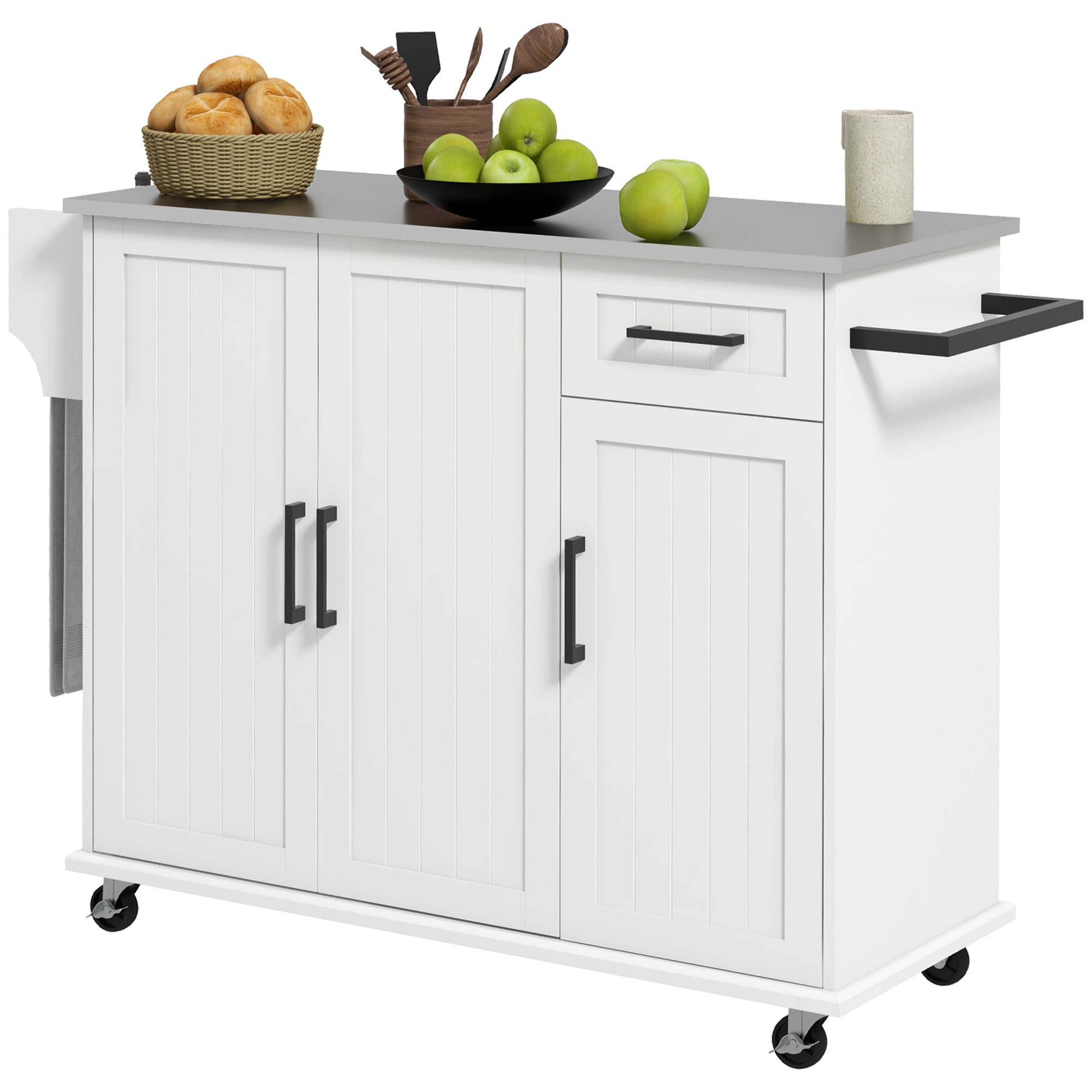 Kitchen Island with Drawer, 2 Door Cabinet, 2 Open Shelves and Towel Holder, MDF and Stainless Steel Storage Cart with 5 Wheels, 128x45.5x91.5 cm