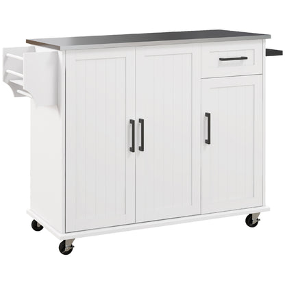 Kitchen Island with Drawer, 2 Door Cabinet, 2 Open Shelves and Towel Holder, MDF and Stainless Steel Storage Cart with 5 Wheels, 128x45.5x91.5 cm