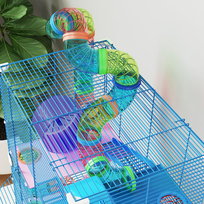 Hamster Cage House for Small Animals with Tunnel Platforms Bowl Drinker House Ramps and Exercise Wheel 46x30x58cm Blue