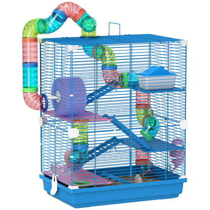 Hamster Cage House for Small Animals with Tunnel Platforms Bowl Drinker House Ramps and Exercise Wheel 46x30x58cm Blue