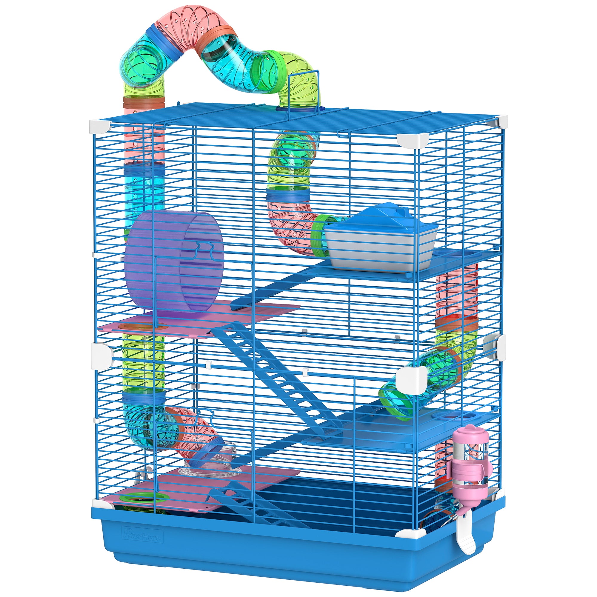 Hamster Cage House for Small Animals with Tunnel Platforms Bowl Drinker House Ramps and Exercise Wheel 46x30x58cm Blue