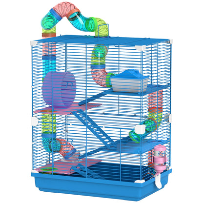 Hamster Cage House for Small Animals with Tunnel Platforms Bowl Drinker House Ramps and Exercise Wheel 46x30x58cm Blue