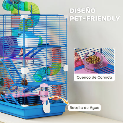 Hamster Cage House for Small Animals with Tunnel Platforms Bowl Drinker House Ramps and Exercise Wheel 46x30x58cm Blue