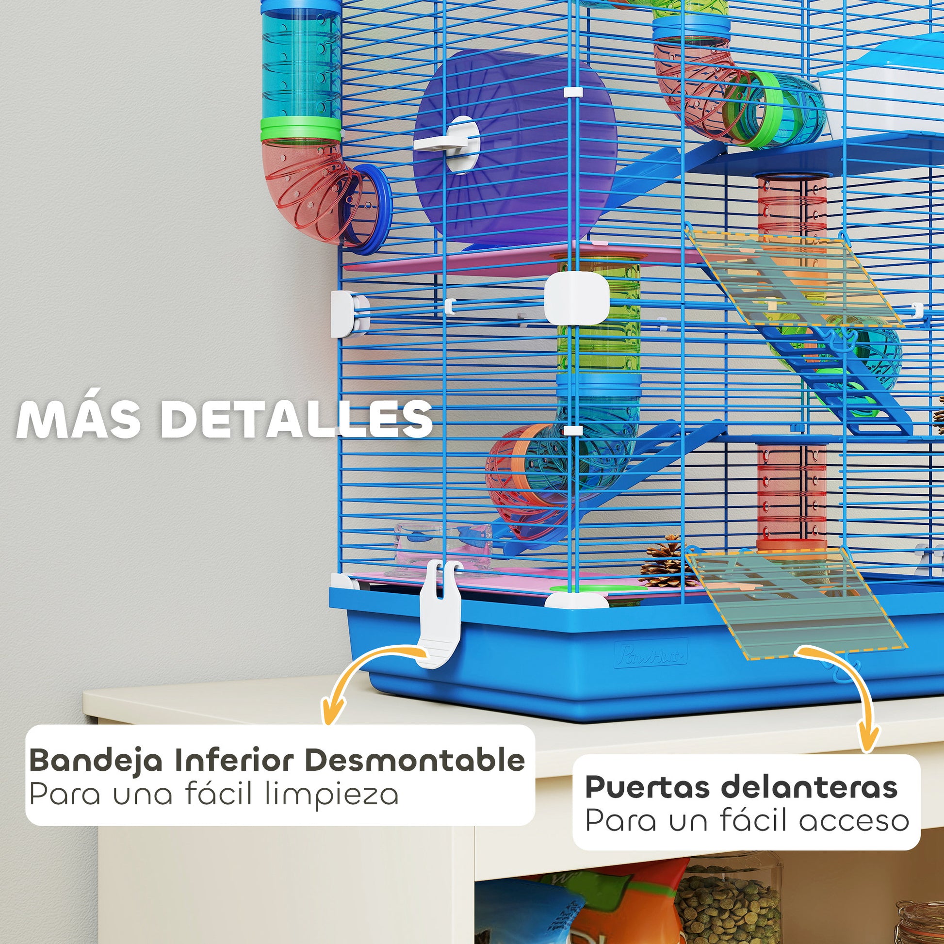 Hamster Cage House for Small Animals with Tunnel Platforms Bowl Drinker House Ramps and Exercise Wheel 46x30x58cm Blue