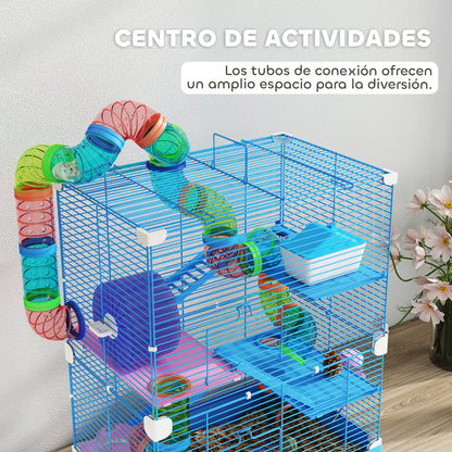 Hamster Cage House for Small Animals with Tunnel Platforms Bowl Drinker House Ramps and Exercise Wheel 46x30x58cm Blue