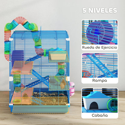 Hamster Cage House for Small Animals with Tunnel Platforms Bowl Drinker House Ramps and Exercise Wheel 46x30x58cm Blue