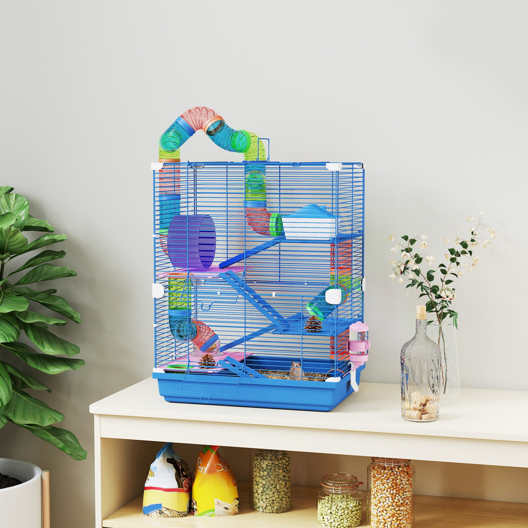 Hamster Cage House for Small Animals with Tunnel Platforms Bowl Drinker House Ramps and Exercise Wheel 46x30x58cm Blue