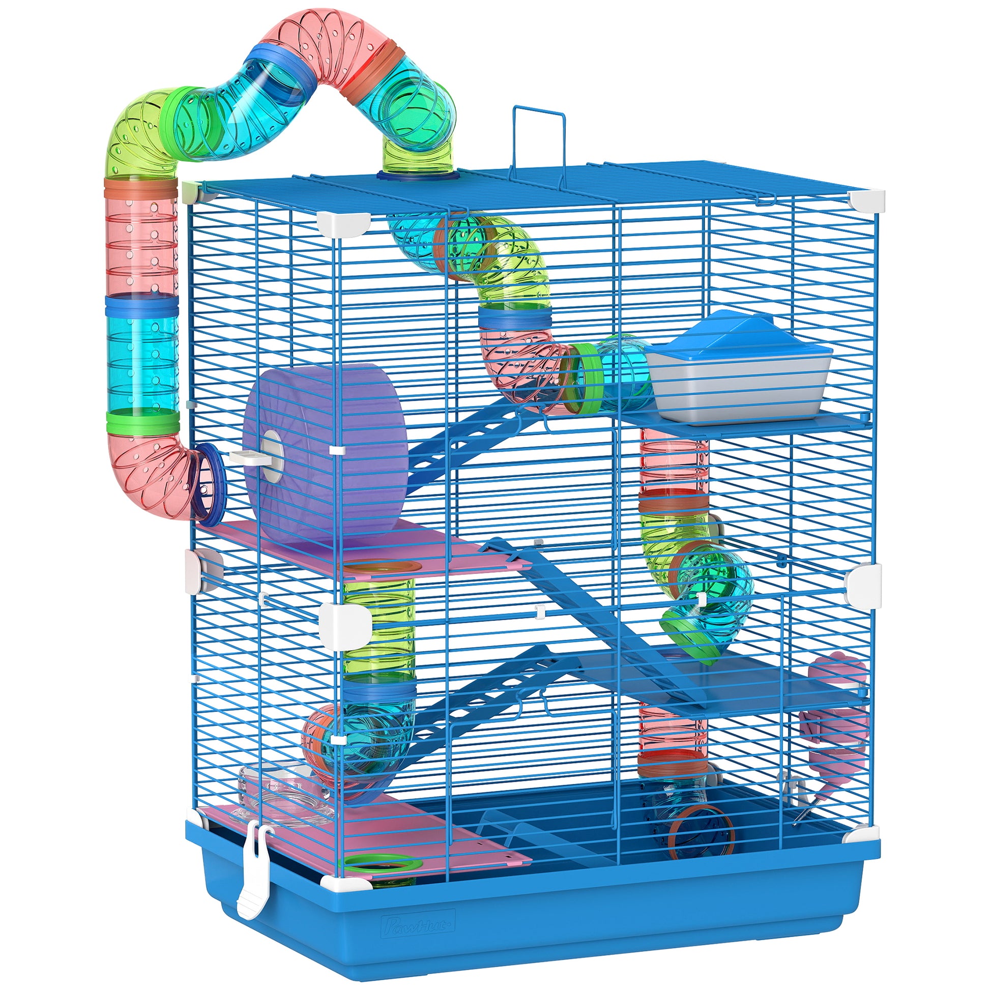 Hamster Cage House for Small Animals with Tunnel Platforms Bowl Drinker House Ramps and Exercise Wheel 46x30x58cm Blue