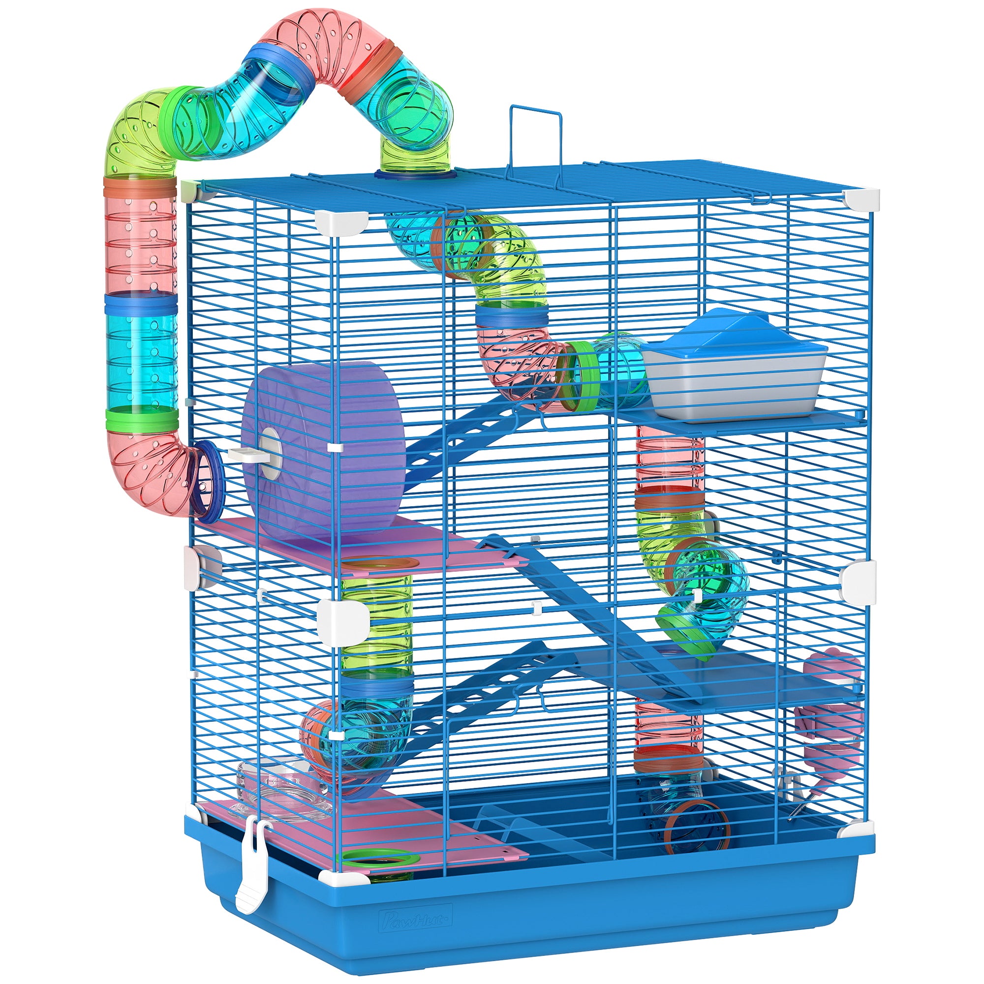 Hamster Cage House for Small Animals with Tunnel Platforms Bowl Drinker House Ramps and Exercise Wheel 46x30x58cm Blue