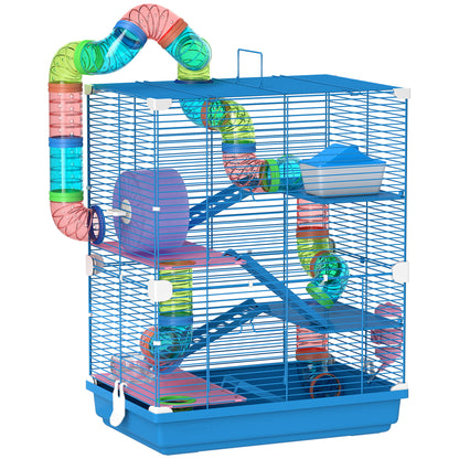 Hamster Cage House for Small Animals with Tunnel Platforms Bowl Drinker House Ramps and Exercise Wheel 46x30x58cm Blue