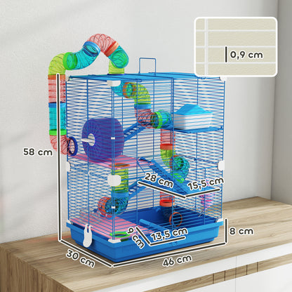 Hamster Cage House for Small Animals with Tunnel Platforms Bowl Drinker House Ramps and Exercise Wheel 46x30x58cm Blue