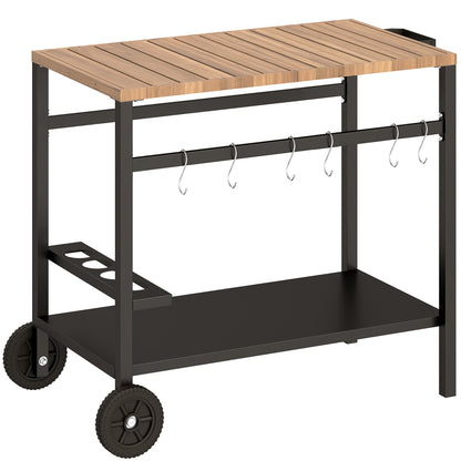 2-Tier Mobile BBQ Cart with Wood-Effect Top, Drink Holder, Hooks & Wheels — Black/Brown